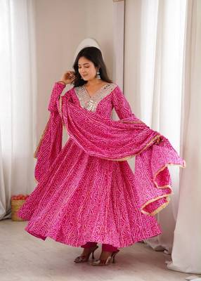 Pink rayon embroidered flared gown set 2