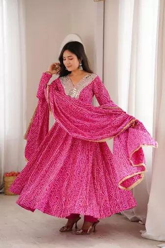 Pink rayon embroidered flared gown set