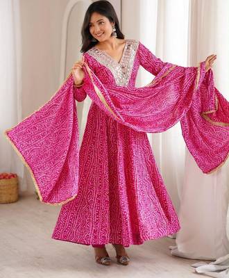 Pink rayon embroidered flared gown set 3