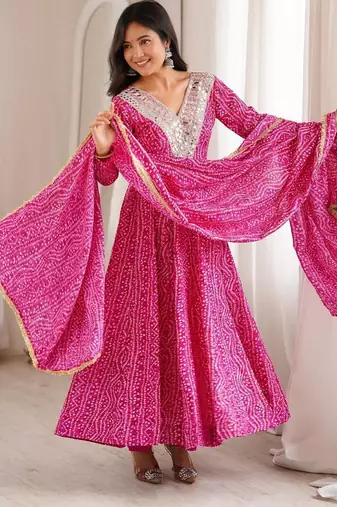Pink rayon embroidered flared gown set