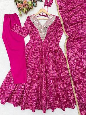 Pink rayon embroidered flared gown set 4