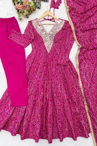 Pink rayon embroidered flared gown set