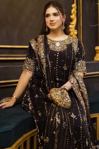 Black faux georgette embroidered kurta set