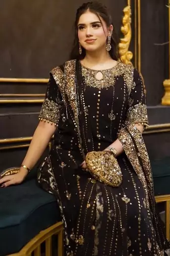 Black faux georgette embroidered kurta set