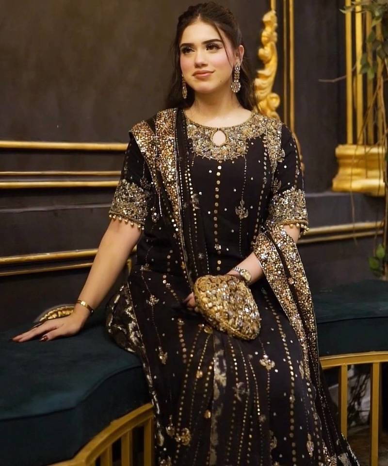 Black faux georgette embroidered kurta set
