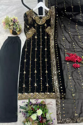 Black faux georgette embroidered kurta set
