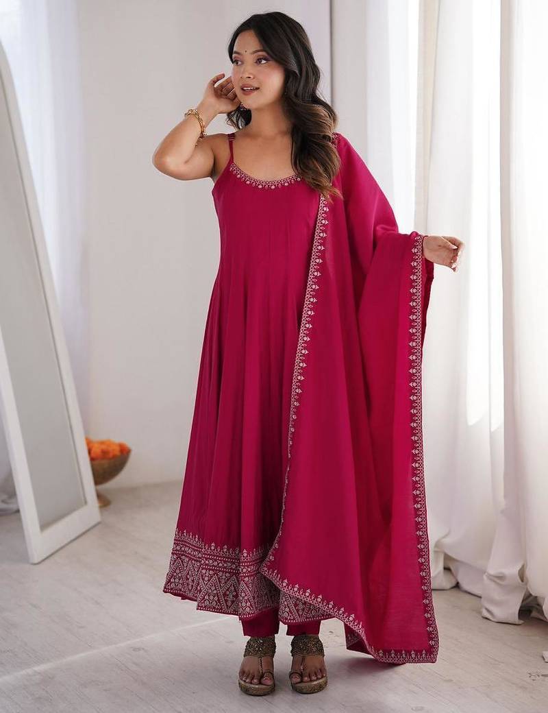 Rani-pink silk blend embroidered anarkali set