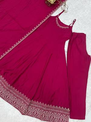 Rani-pink silk blend embroidered anarkali set 2