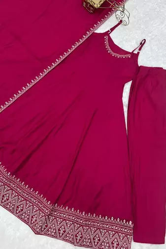 Rani-pink silk blend embroidered anarkali set
