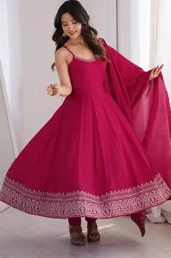 Rani-pink silk blend embroidered anarkali set