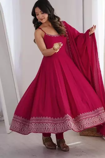 Rani-pink silk blend embroidered anarkali set
