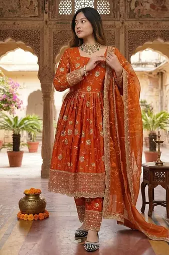Orange silk blend embroidered flared gown set