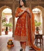 Orange silk blend embroidered flared gown set