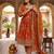 Orange silk blend embroidered flared gown set