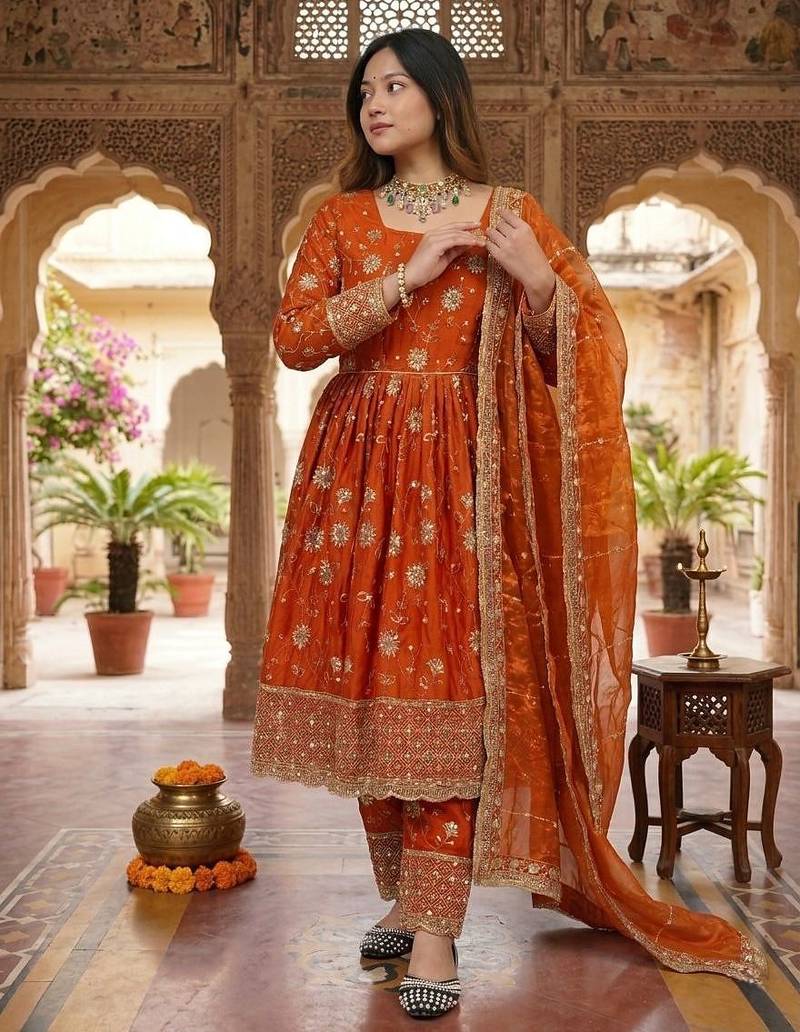 Orange silk blend embroidered flared gown set