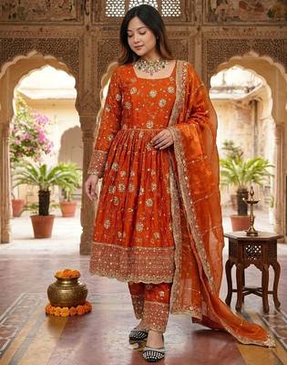 Orange silk blend embroidered flared gown set 2