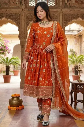 Orange silk blend embroidered flared gown set