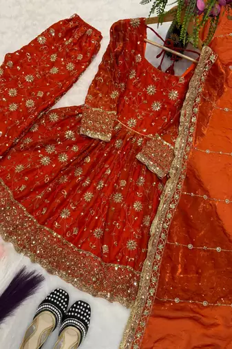 Orange silk blend embroidered flared gown set