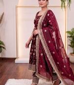 Maroon silk blend embroidered flared gown set