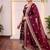 Maroon silk blend embroidered flared gown set