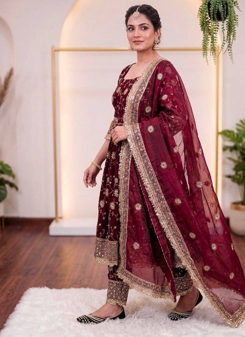 Maroon silk blend embroidered flared gown set