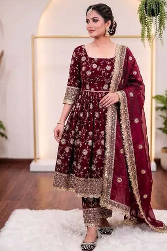 Maroon silk blend embroidered flared gown set
