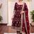 Maroon silk blend embroidered flared gown set
