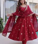 Red silk blend embroidered flared gown set