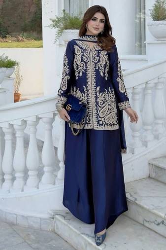 Purple silk blend embroidered palazzo set