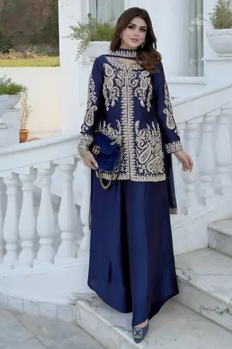Purple silk blend embroidered palazzo set