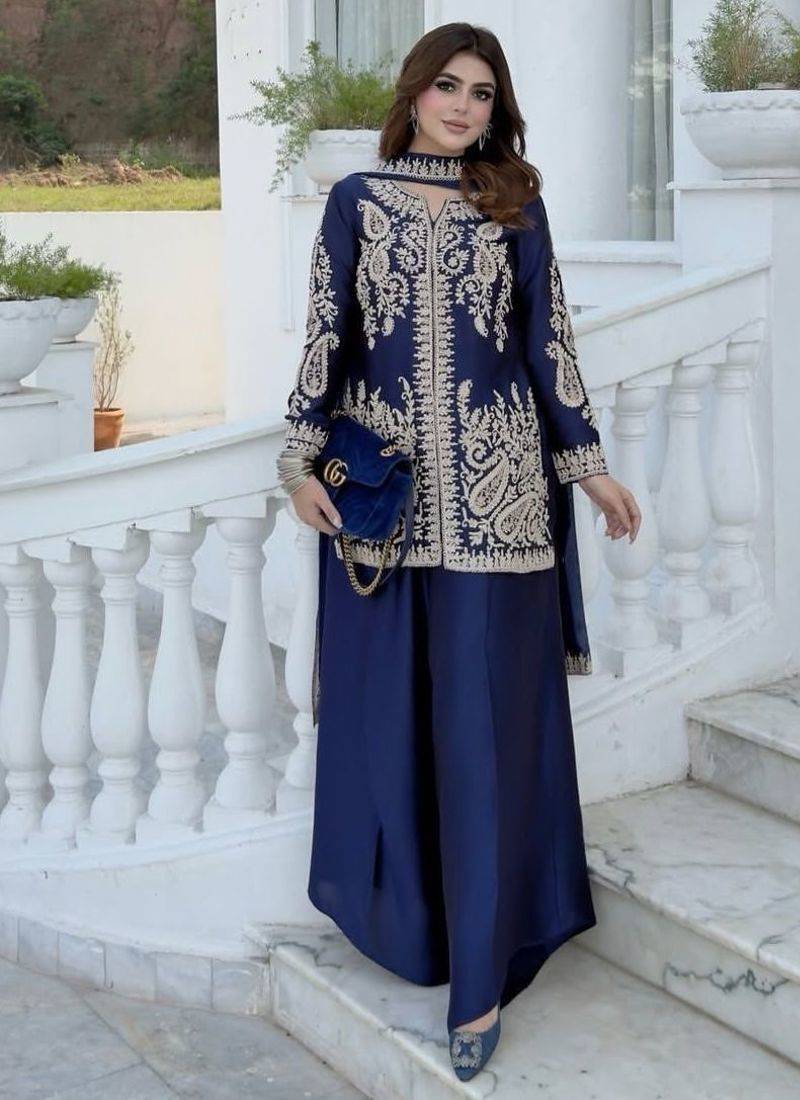 Purple silk blend embroidered palazzo set