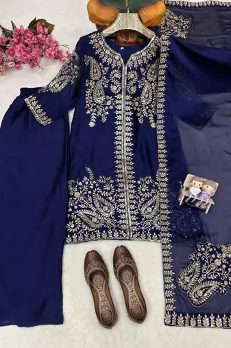 Purple silk blend embroidered palazzo set