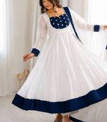 White silk blend embroidered flared gown set