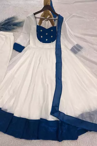 White silk blend embroidered flared gown set
