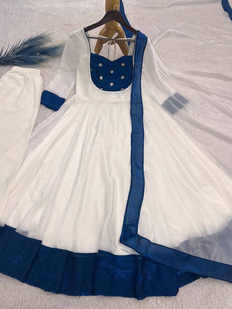 White silk blend embroidered flared gown set