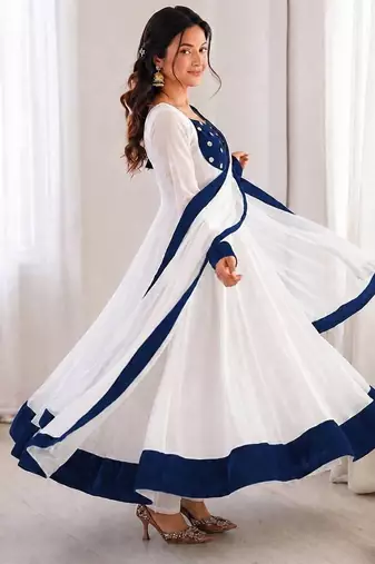White silk blend embroidered flared gown set