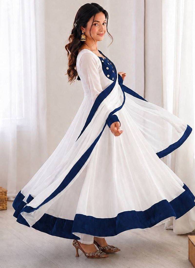 White silk blend embroidered flared gown set