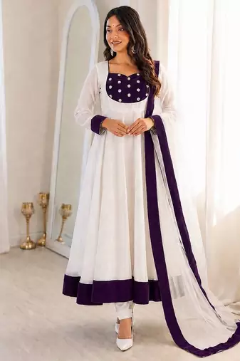 White silk blend embroidered flared gown set