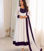 White silk blend embroidered flared gown set