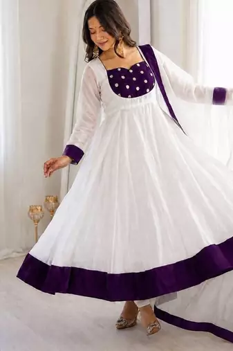 White silk blend embroidered flared gown set