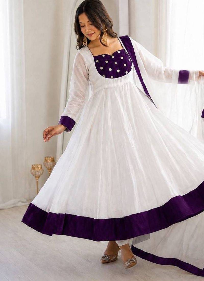 White silk blend embroidered flared gown set