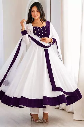 White silk blend embroidered flared gown set