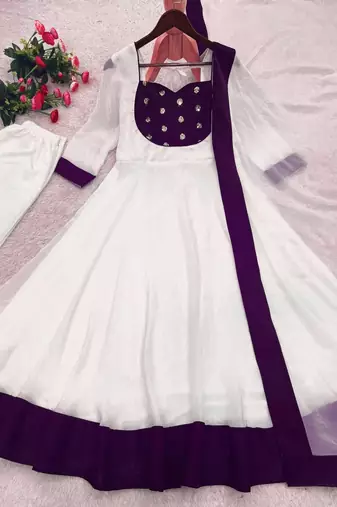 White silk blend embroidered flared gown set