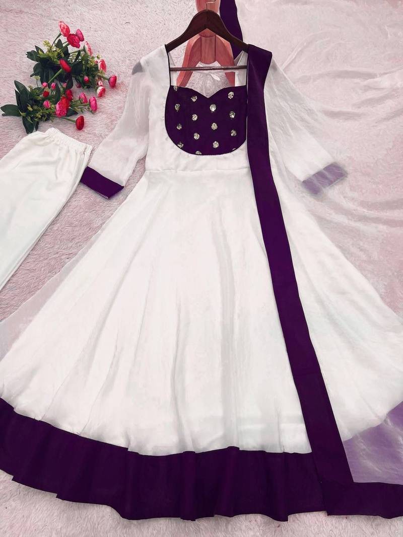 White silk blend embroidered flared gown set
