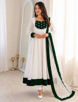 White silk blend embroidered flared gown set 1