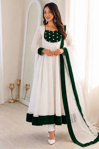 White silk blend embroidered flared gown set