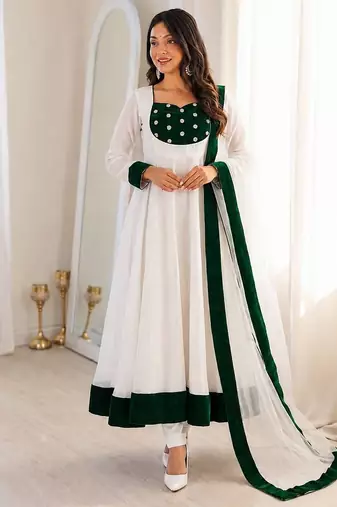 White silk blend embroidered flared gown set