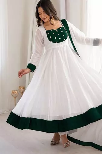 White silk blend embroidered flared gown set
