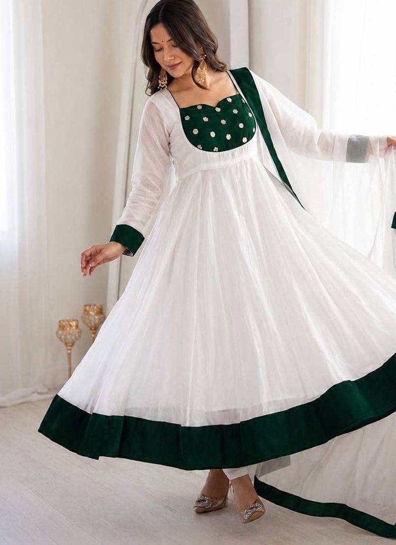 White silk blend embroidered flared gown set