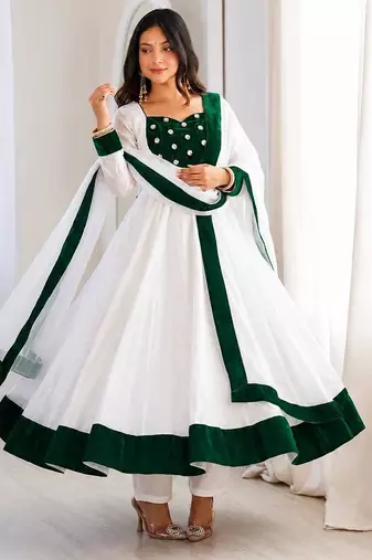White silk blend embroidered flared gown set